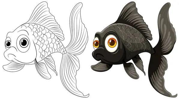 Black White Sketch Colored Goldfish — Stock Vector