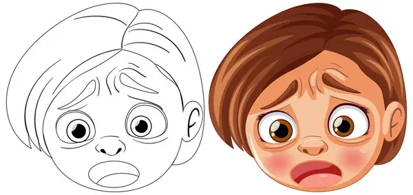 Två Illustrerade Ansikten Som Visar Känslor Ångest — Stock vektor