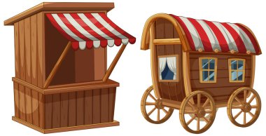 Eski moda ahşap market standı ve vagon resimleri.