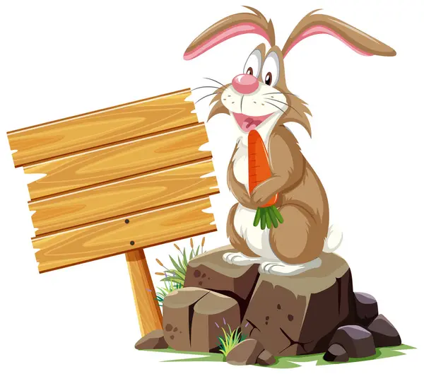 Fröhliches Karikatur Kaninchen Mit Einer Karotte Als Zeichen — Stockvektor