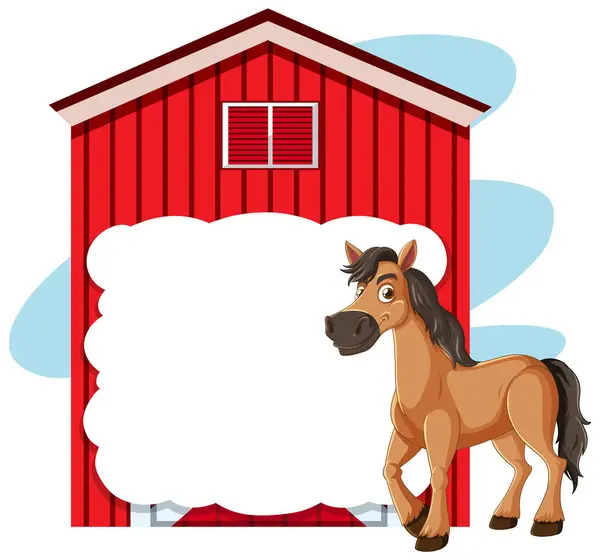 Cartoon Horse Standing Barn Clouds — Stock Vector