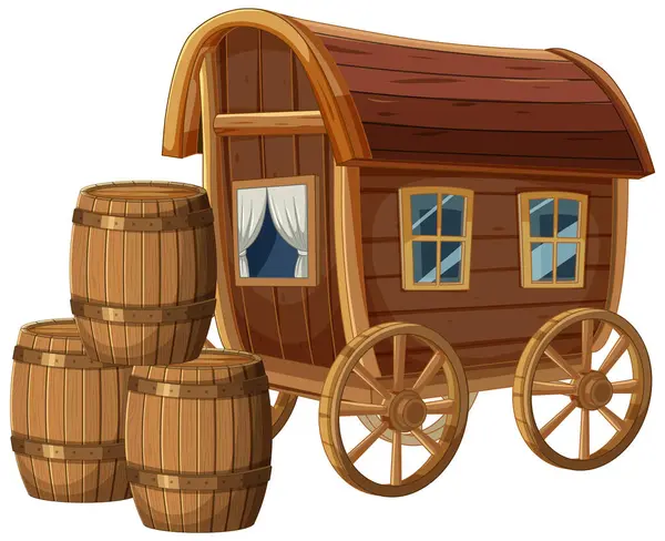Cartoon Old Fashioned Wagon Wooden Barrels — Stock Vector