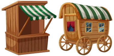Ahşap tezgah ve çizgili tenteli karavan.