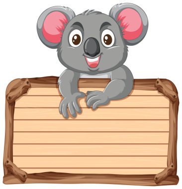 Boş bir tahta tabela üzerinde sevimli bir koala çizgi filmi.