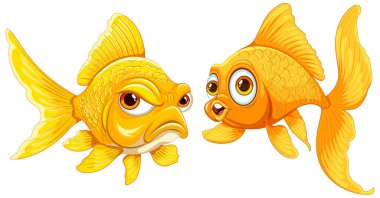 Anlamlı yüzlü iki karikatür balığı.