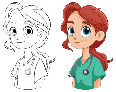 Colorful and line art illustrations of a female doctor clipart