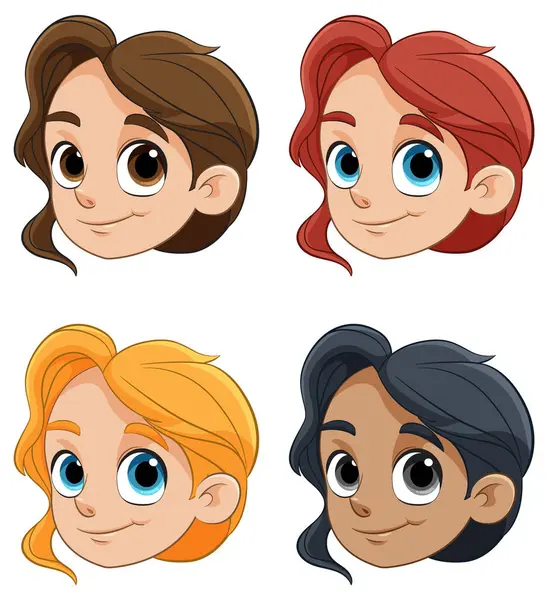 Four Diverse Cartoon Kids Cheerful Expressions — Stock Vector