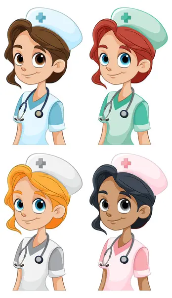 stock vector Four animated nurses with different ethnicities smiling.