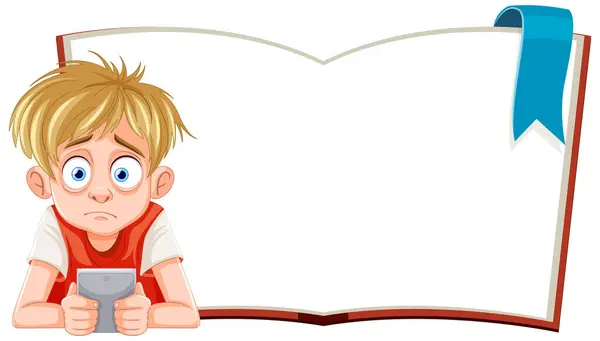 本とゲームに疲れている漫画の少年 — ストックベクタ