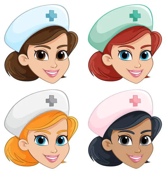 Four Smiling Female Nurses Different Hair Colors — Stock Vector