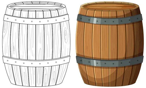 Two Wooden Barrels One Colored One Outlined — Stock Vector