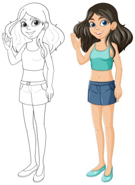 Mutlu bir kızın renkli ve özet çizilmiş versiyonları.