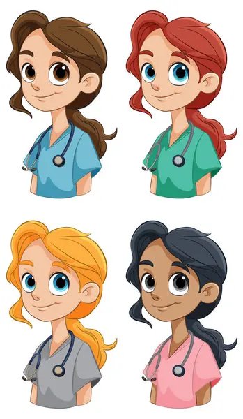 Four Cartoon Female Doctors Different Ethnicities — Stock Vector