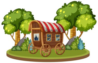 Etrafı yemyeşil ağaçlarla çevrili renkli ahşap karavan..
