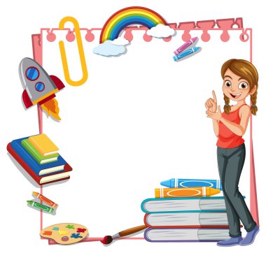 Woman teaching with books and art supplies. clipart