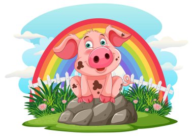 Gökkuşağı ve çiçeklerle kayalıklardaki mutlu domuz.