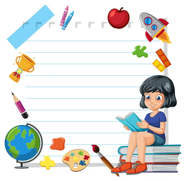 Cartoon Girl Reading Book Surrounded School Items — Stock Vector