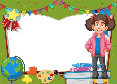 Çeşitli öğrenim materyalleri arasında gülümseyen genç öğrenci.