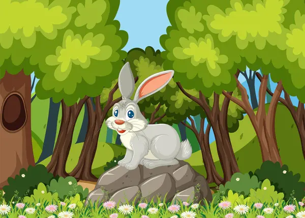 一只快乐的兔子坐在树间的岩石上 — 图库矢量图片