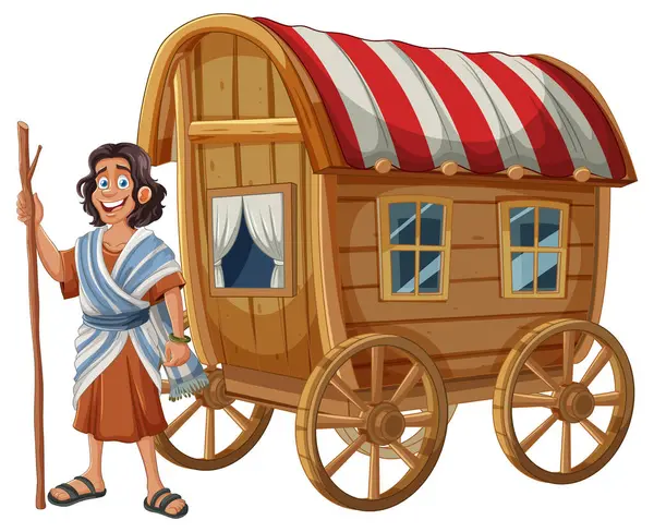 Smiling Person Standing Colorful Wooden Caravan — Stock Vector