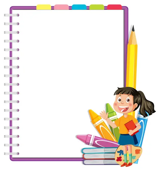 stock vector Young girl smiling with colorful school items.