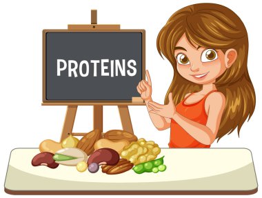 Çeşitli protein kaynakları hakkında ders veren genç bir kadın.