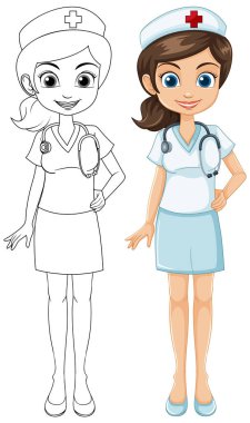 Siyahi ve çizgi sanatı olan bir hemşirenin vektör çizimi.