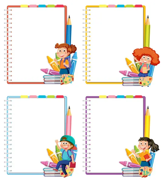 Четыре Ярких Дизайна Ноутбука Веселыми Детьми — стоковый вектор