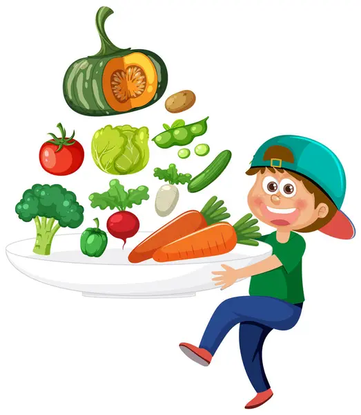 Мультфильм Мальчик Различными Красочными Овощами Тарелке — стоковый вектор