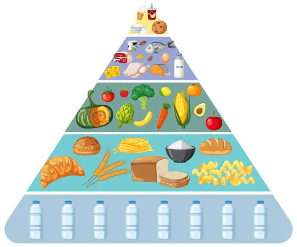 Geïllustreerde Voedselpiramide Met Verschillende Voedselgroepen — Stockvector