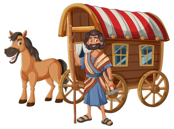 Bunte Vektor Eines Mannes Mit Seinem Pferd Und Wagen Stockillustration
