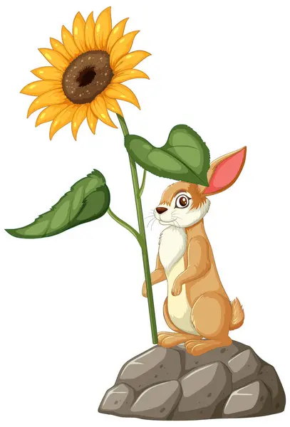 Illustration Eines Kaninchens Das Eine Große Sonnenblume Betrachtet Stockvektor