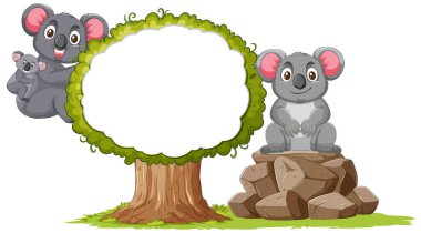 Çizgi film koalaları bir ağaç ve kaya yığınının yanında.