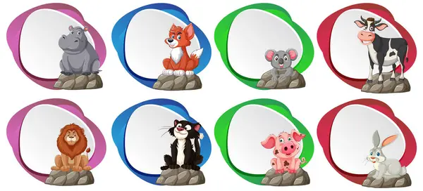Eight Cartoon Animals Depicted Vibrant Circles — Stock Vector