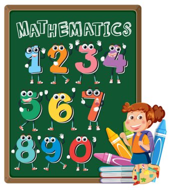 Renkli sayılar ve mutlu çocuk tahtada