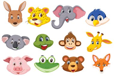 Canlı renklerde çeşitli şirin hayvan yüzleri..