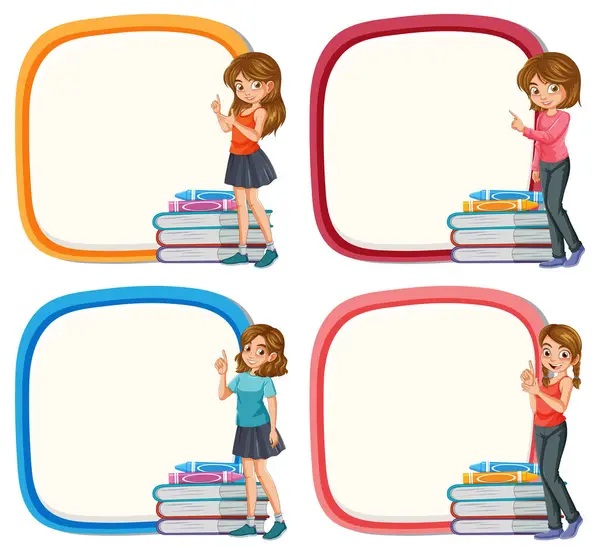 Vier Fröhliche Kinder Mit Büchern Rahmen Vektorgrafiken