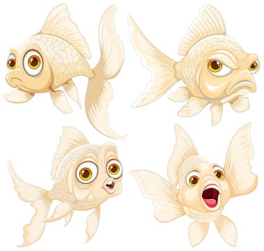 Farklı duygular gösteren dört karikatür balığı..