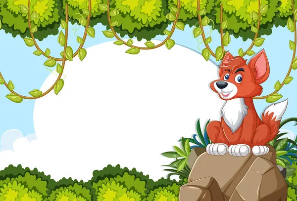 Animated Fox Duduk Batu Bawah Tanaman Merambat Stok Ilustrasi Bebas Royalti