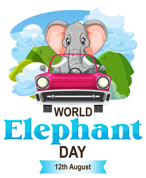 Zeichentrick Elefant Fährt Rosa Auto Unter Blauem Himmel Stockvektor