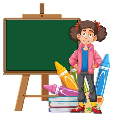 Kara tahtanın ve kitapların yanında duran neşeli kız..