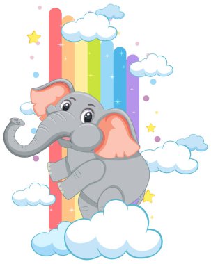 Canlı bir gökkuşağına tırmanan sevimli bir fil.