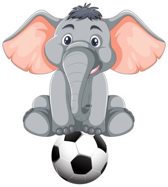 Futbol topunun üzerinde oturan şirin fil çizgi filmi.