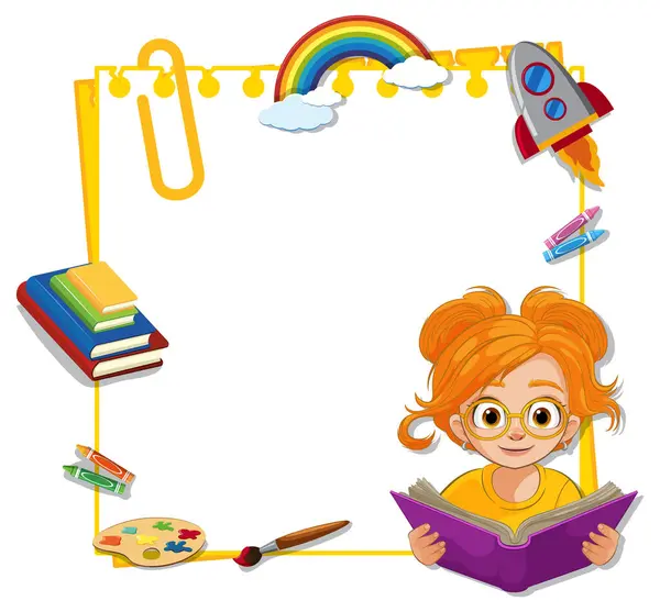 Colorful Educational Frame Reading Girl Stok Vektor