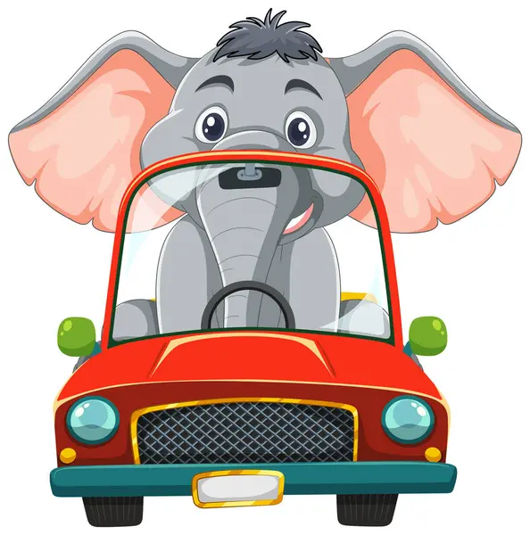 Cheerful Elephant Vibrant Red Car Stok Vektor