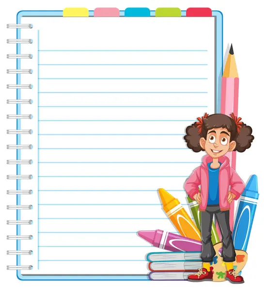 Cheerful Child Notebook Colorful Pencils Stok Vektor