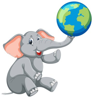 Çizgi film fili bir dünya küresini neşeyle tutuyor.