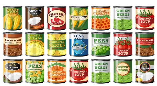 stock vector Colorful vector illustration of various canned goods