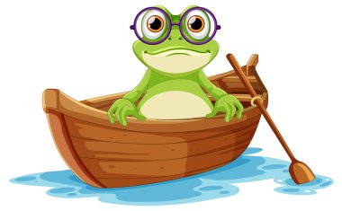 Çizgi film kurbağası küçük ahşap bir teknede kürek çekiyor.