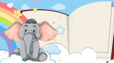 Bulutlu bir arka planda hikaye kitabı olan sevimli bir fil.